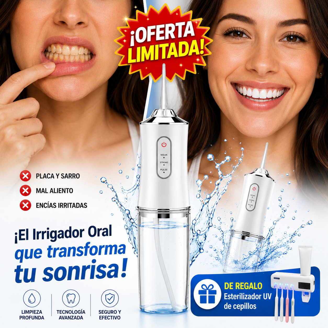 Irrigador Oral Portátil + Esterilizador UV de Cepillos DE REGALO