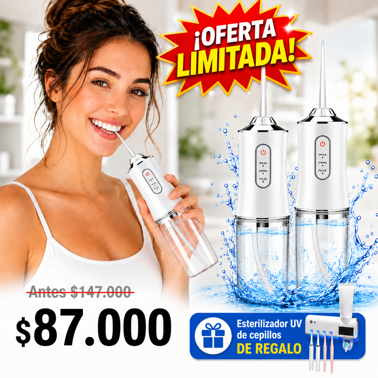Irrigador Oral Portátil + Esterilizador UV de Cepillos DE REGALO